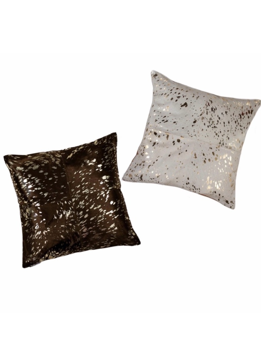 Set of Two Genuine Cowhide Fur Throw Pillow Covers, Black and Ivory with Gold